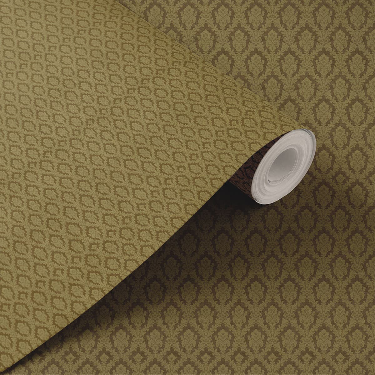 Olive Elegance Damask Pattern Wallpaper Roll shown in a room