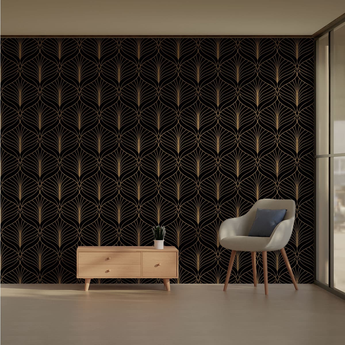 Black & Golden Leaves Pattern Wallpaper Roll pattern detail