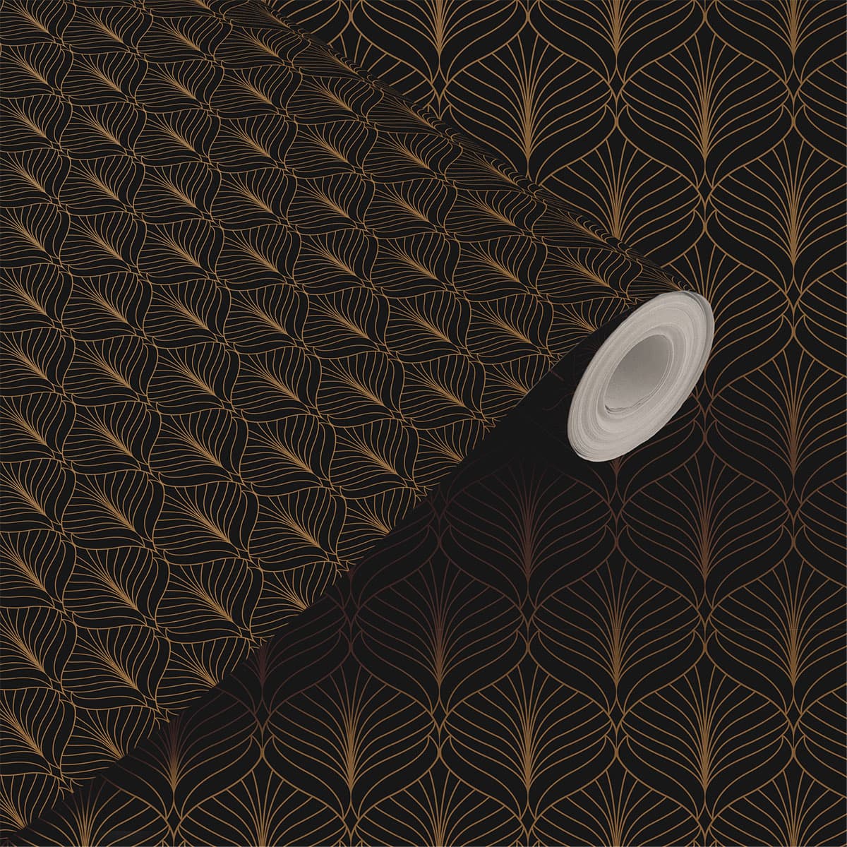 Black & Golden Leaves Pattern Wallpaper Roll shown in a room