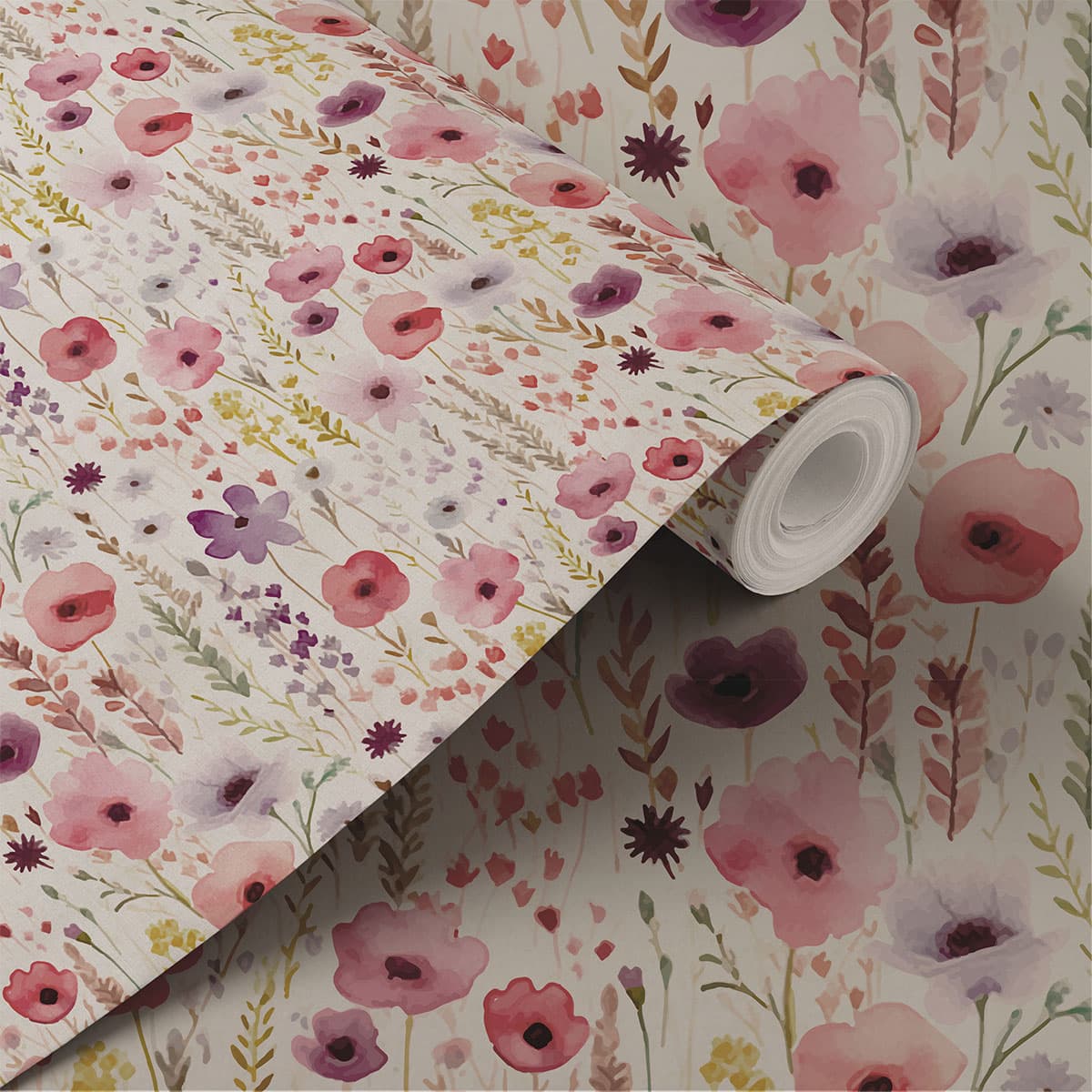 Pink Floral Wallpaper Roll shown in a room