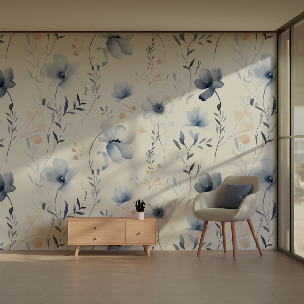 White and Blue Floral Wallpaper Roll pattern detail