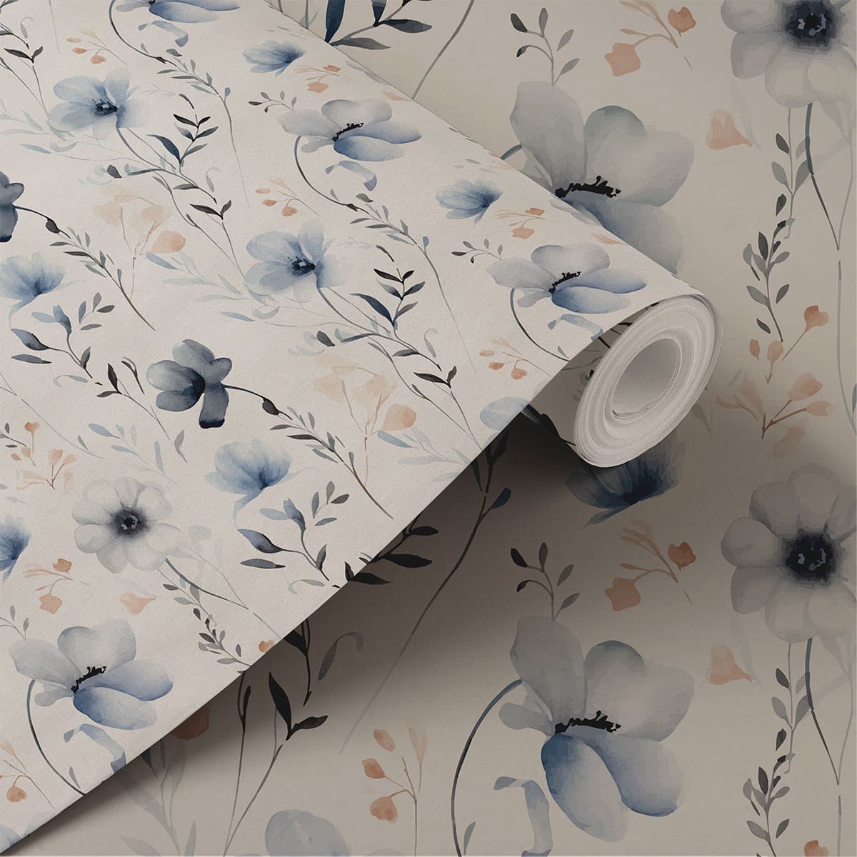 White and Blue Floral Wallpaper Roll shown in a room