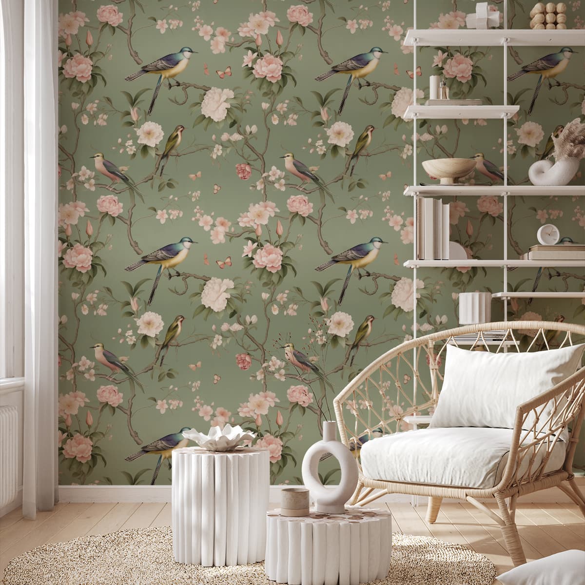 Birds & Trees Chinoiserie Wallpaper for Wall shown in a room