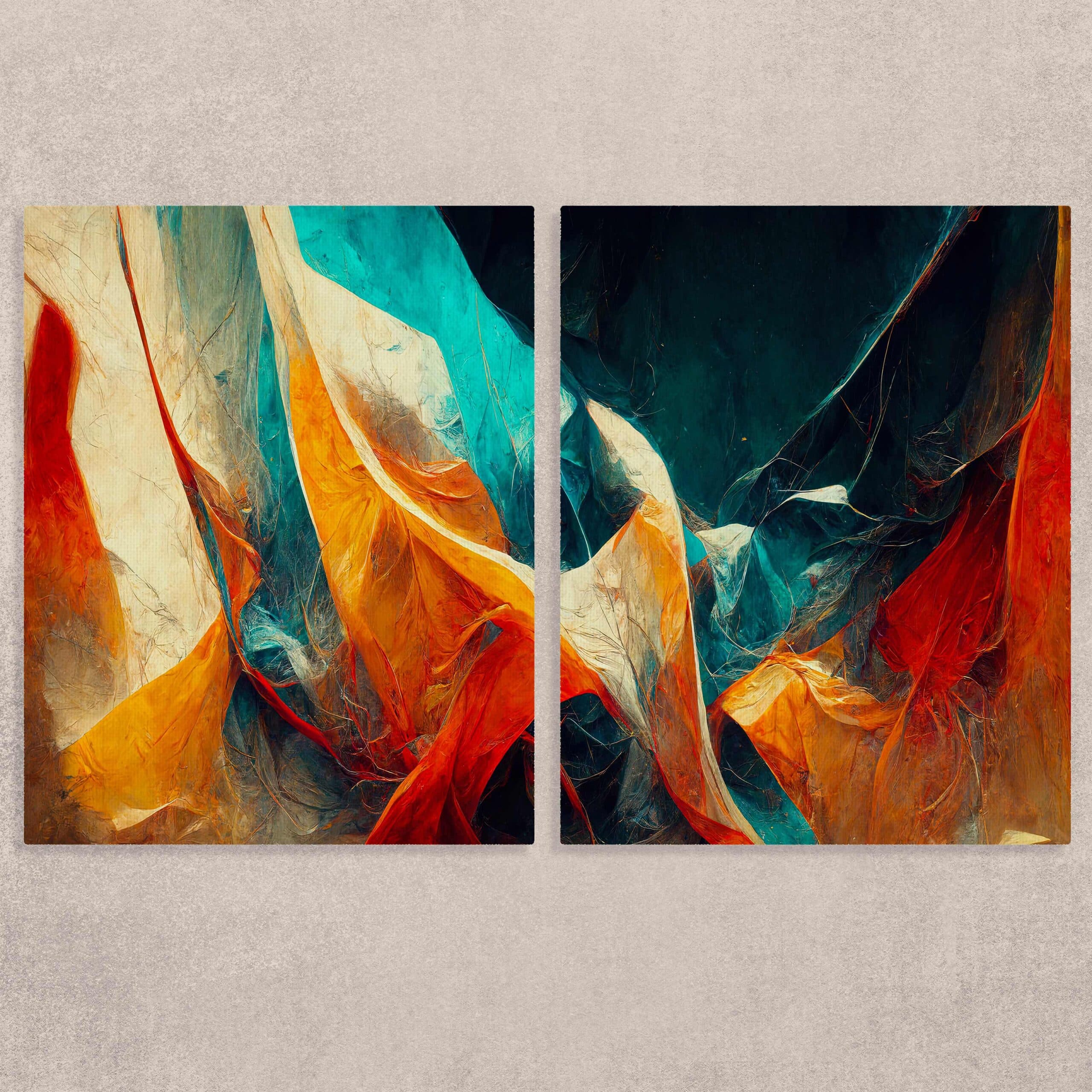 Colour Burst Abstract Canvas Art Set of 2 shown in a room