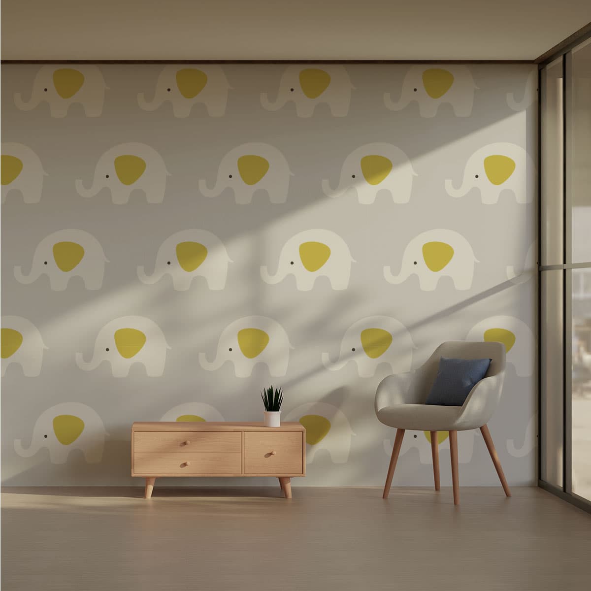 Grey Baby Elephant Kids Wallpaper Roll pattern detail