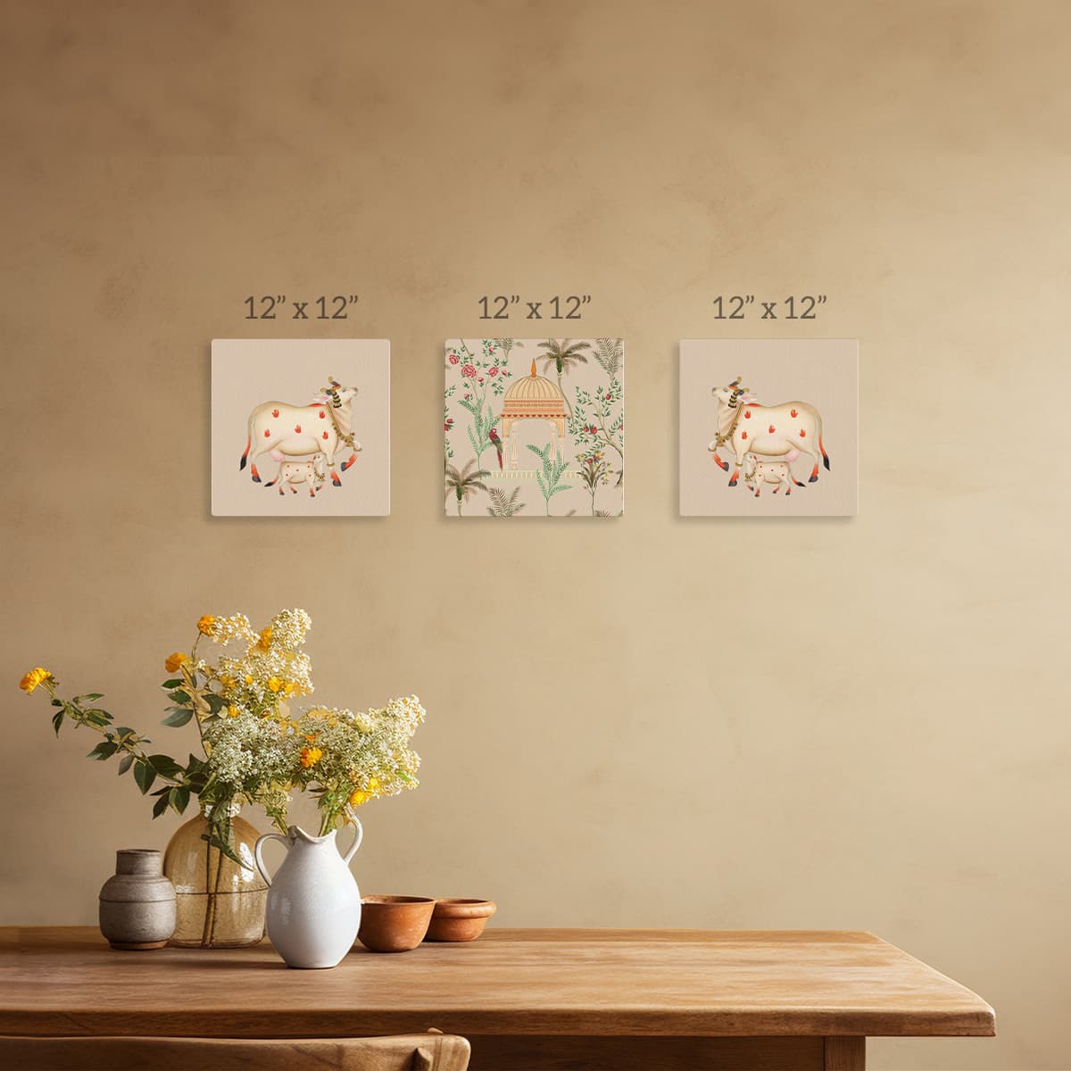 Pichwai Cow Painting Canvas Art Set of 3 pattern detail