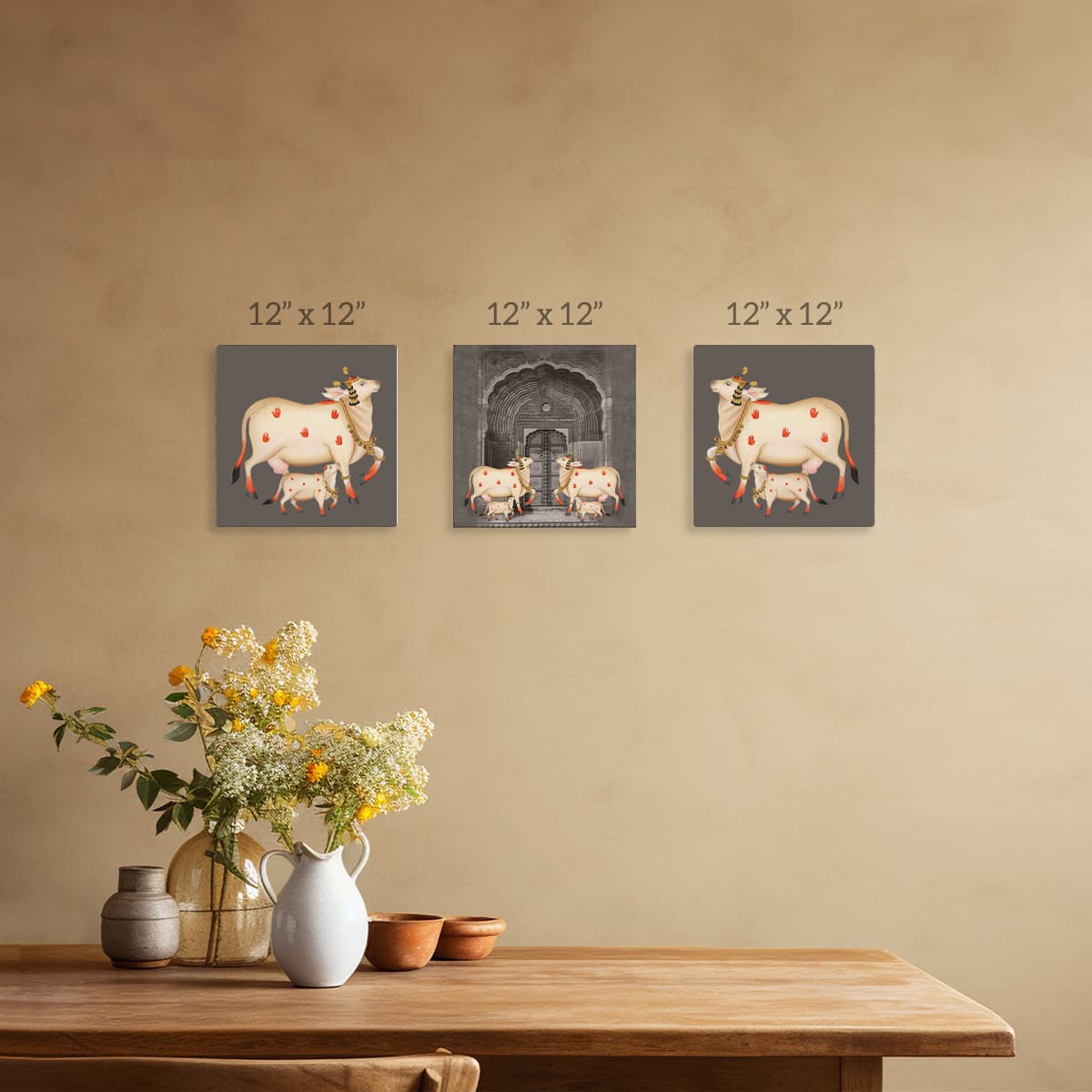 Pichwai Cow Devotion Canvas Painting Set of 3 pattern detail