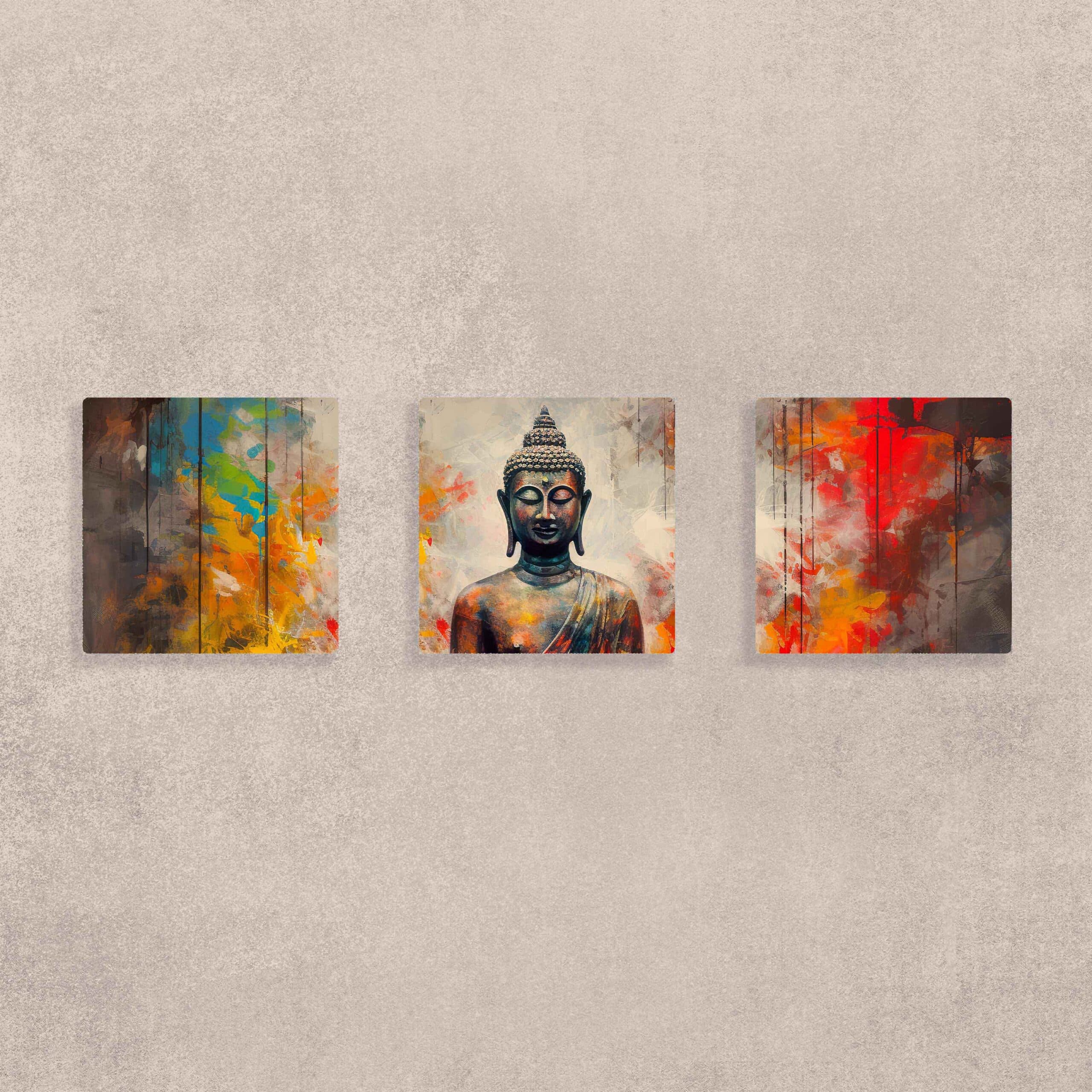 Buddha Serenity Canvas Wall Art Set of 3 shown in a room