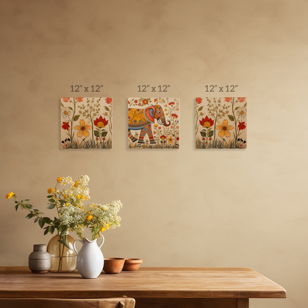 Indian Elephant Garden Canvas Painting Wall Art Set of 3 pattern detail