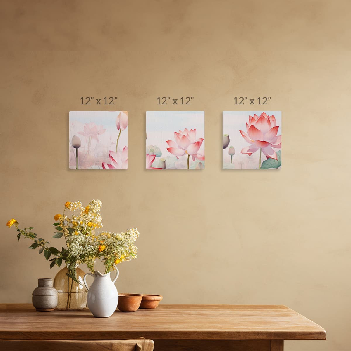 Lotus Serenity Canvas Artwork Painting Set of 3 pattern detail