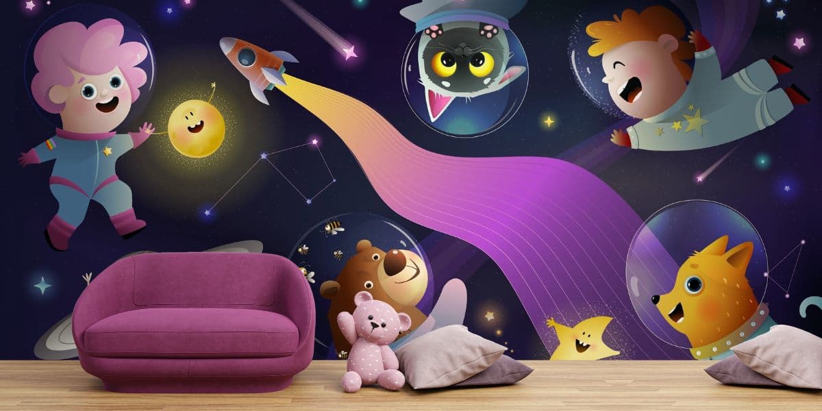 Children Astronaut Fantasy Wallpaper shown in a room