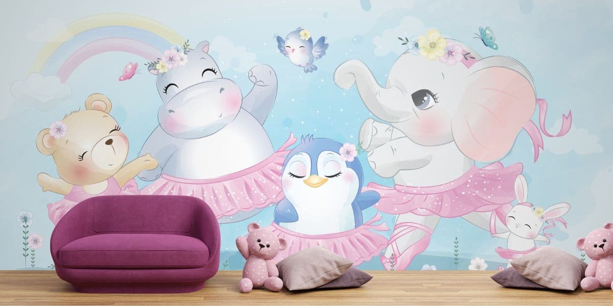 Cute Animals Ballet Dancing Girls Wallpaper shown in a room