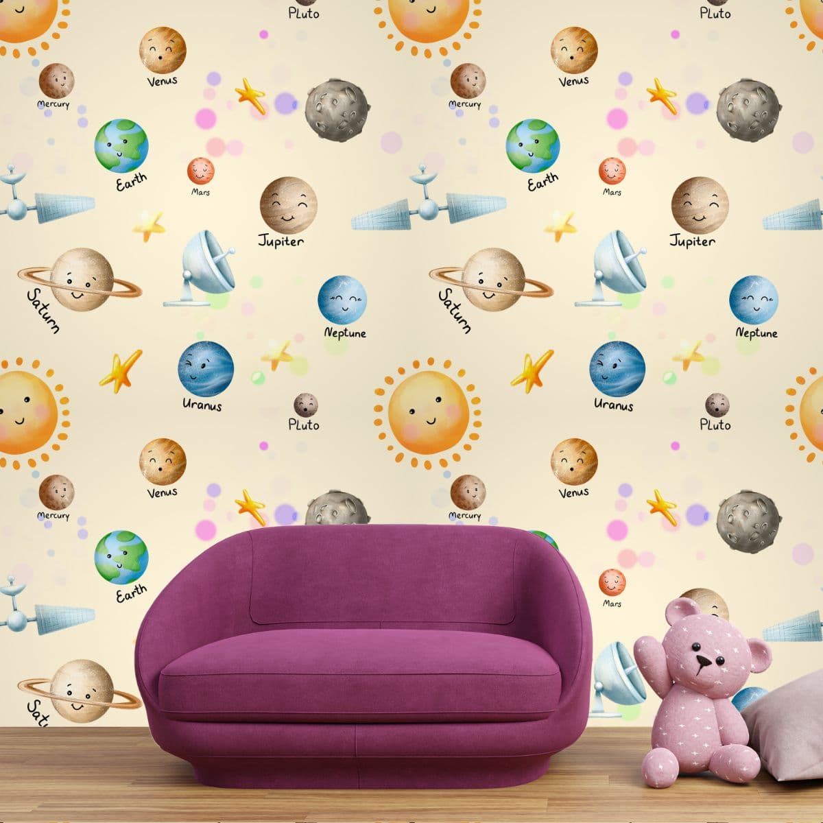 Cute Solar System and Planets Wallpaper shown in a room