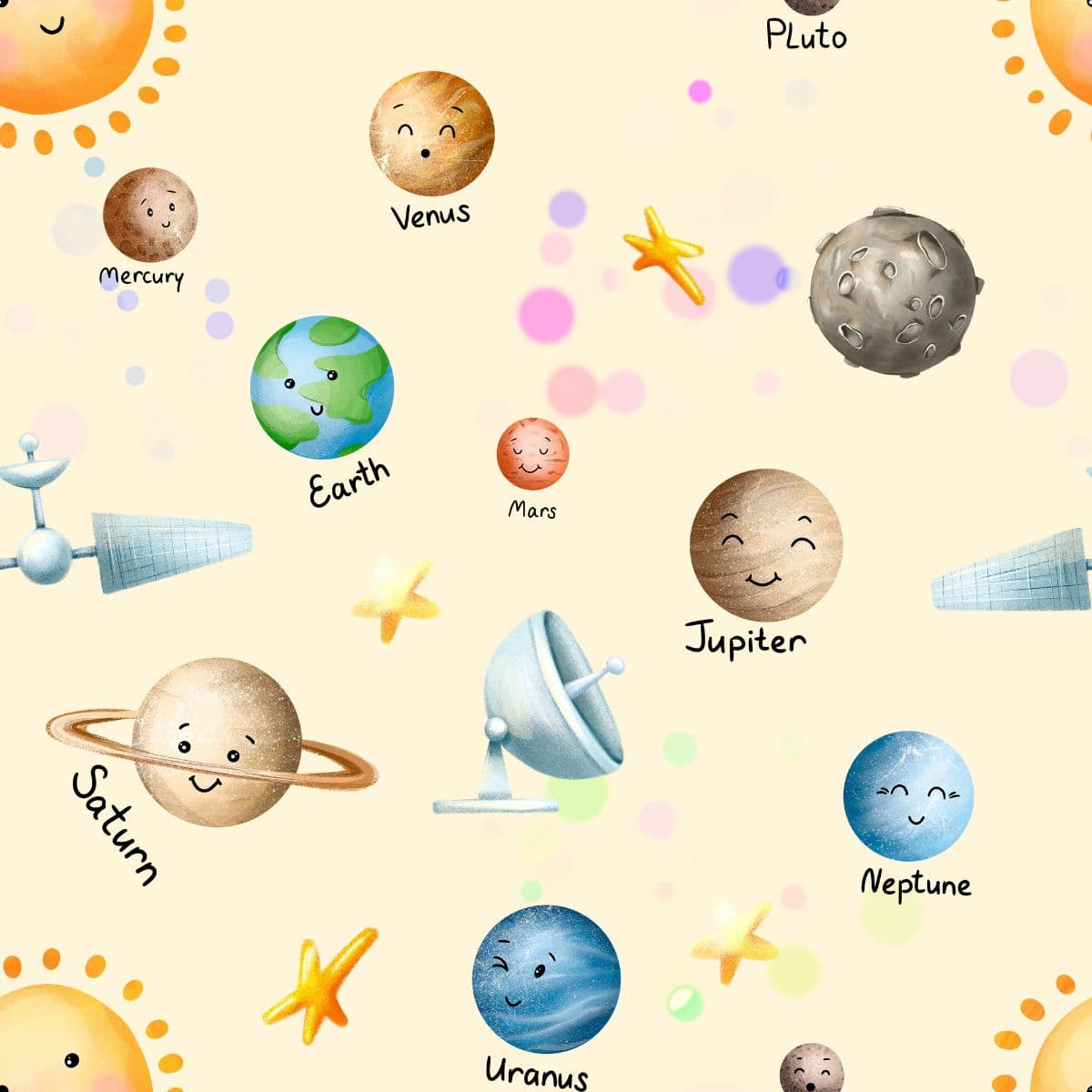 Cute Solar System and Planets Wallpaper pattern detail