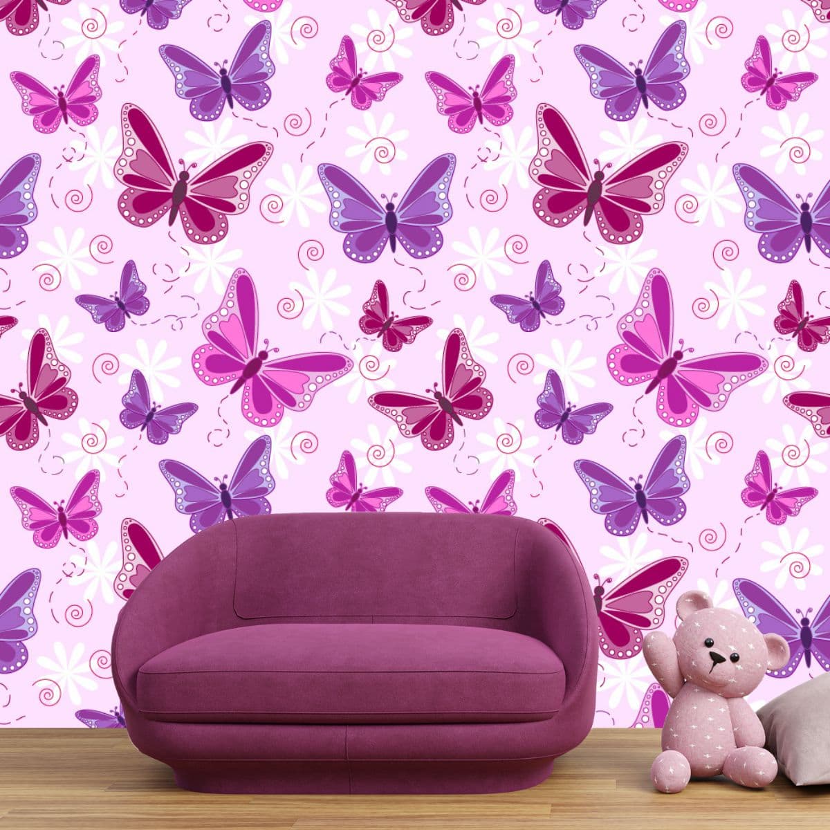 Flying Butterflies Pattern Wallpaper for Girls shown in a room