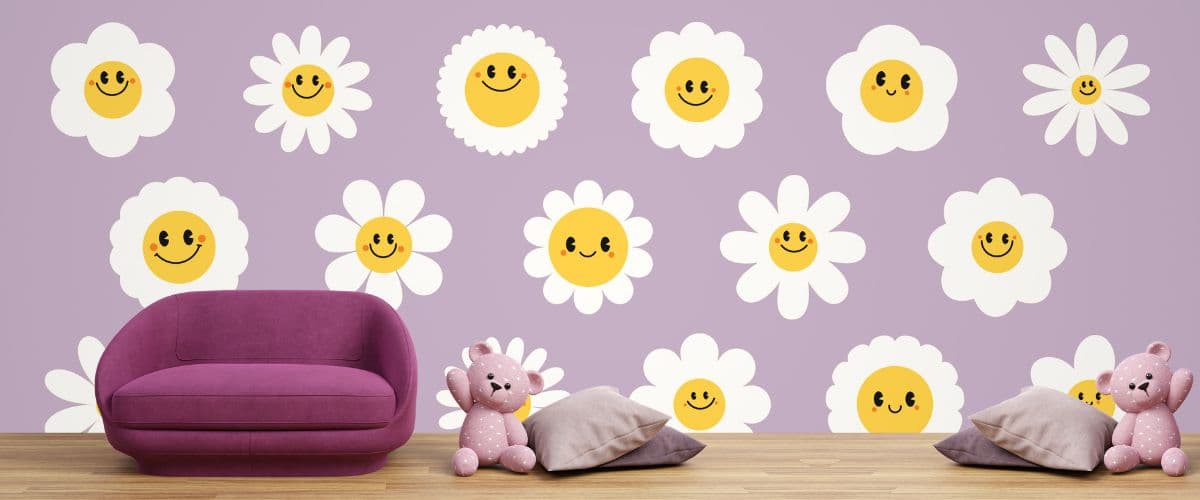 Groovy Daisy Flowers Face Girls Wallpaper shown in a room