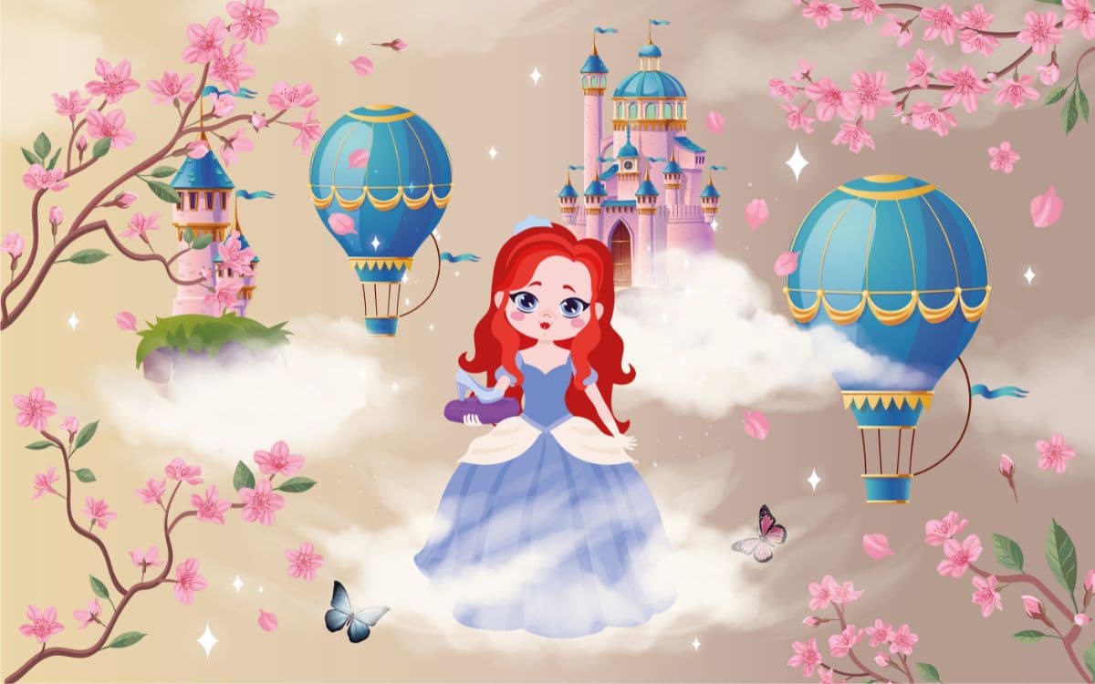 Princess 3D Baby Wallpaper With Hot Air Balloons pattern detail