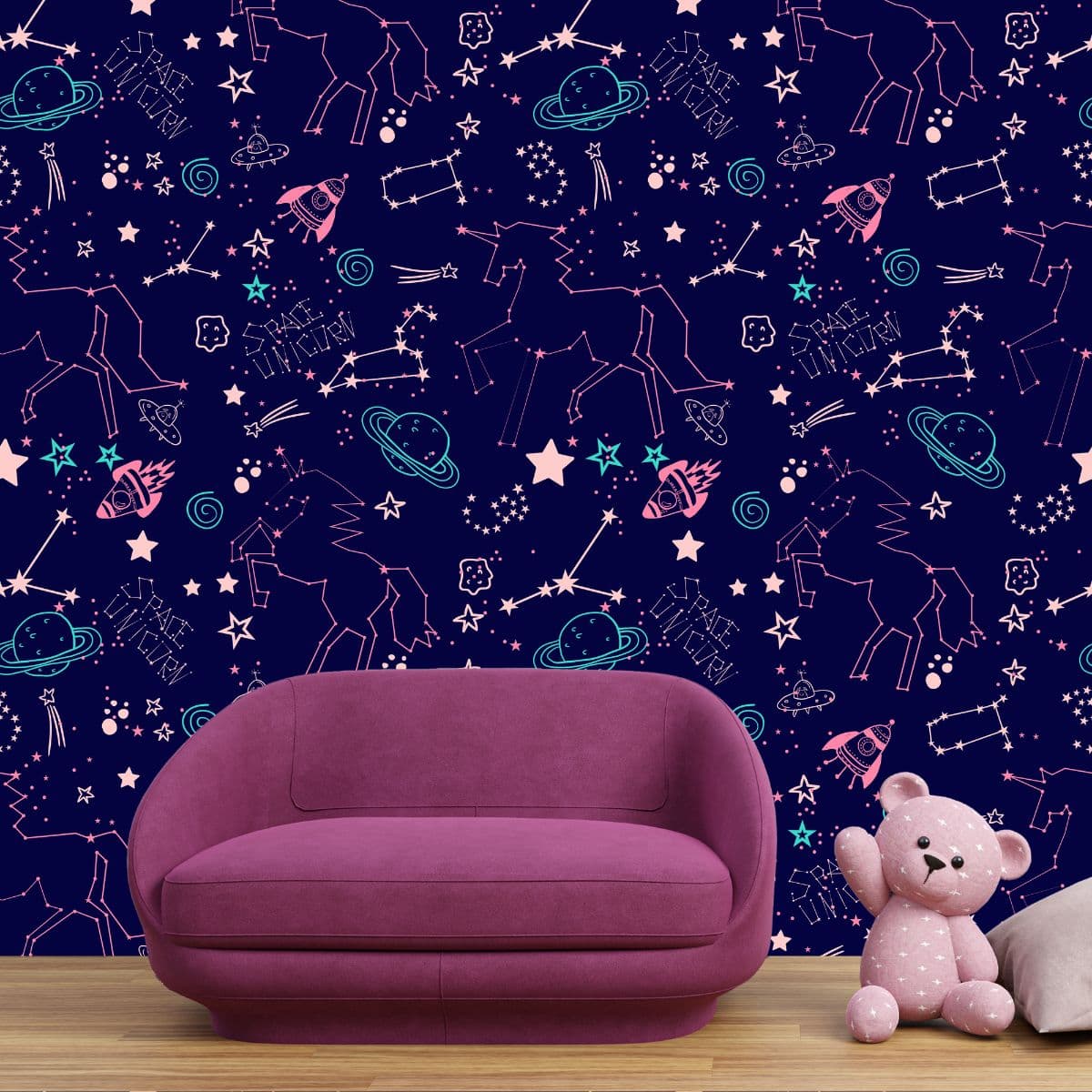 Unicorn Constellation in Space Girls Wallpaper shown in a room