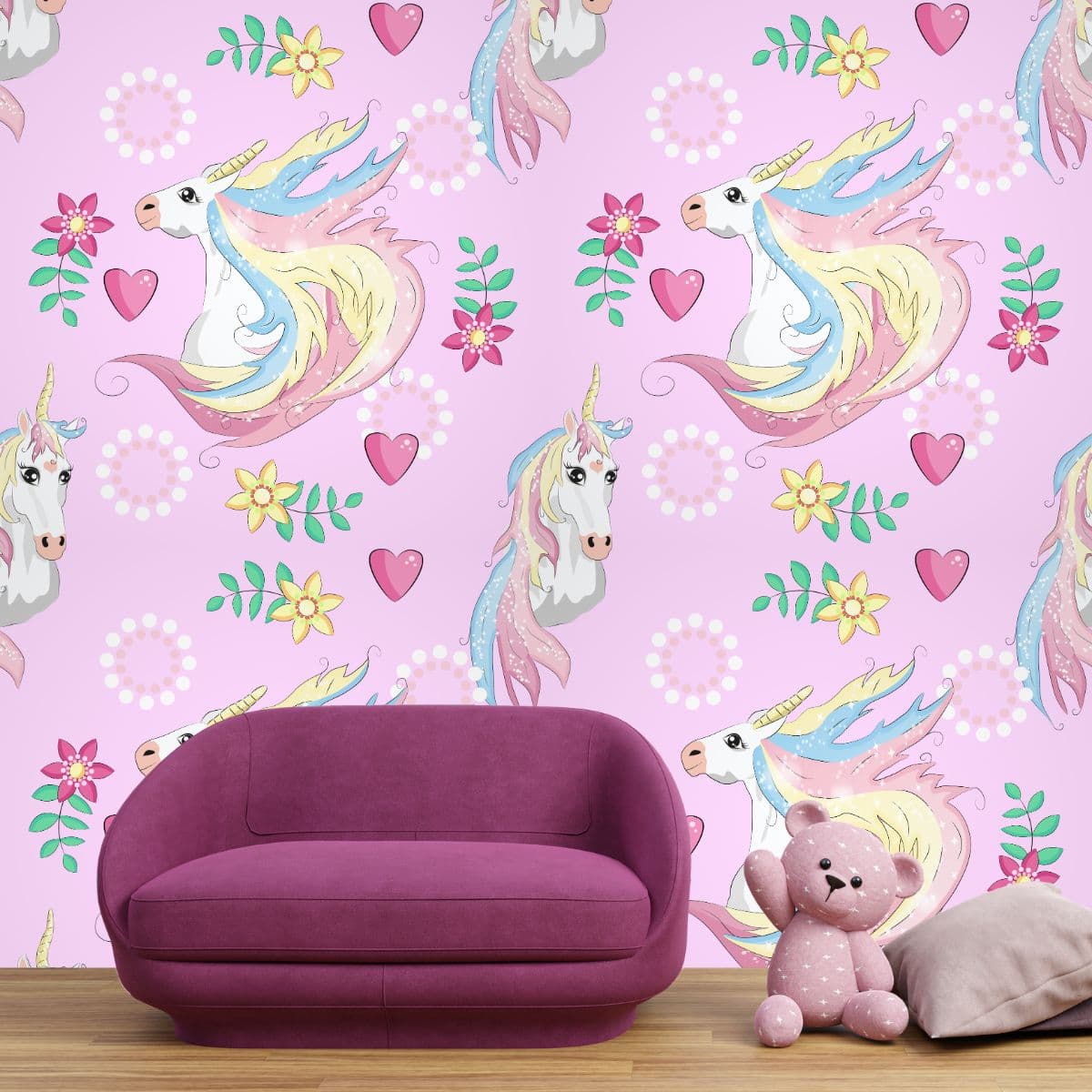 Unicorn with Rainbow Wallpaper for Girls shown in a room