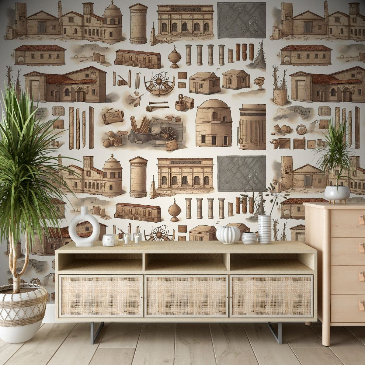 Santorini Serenity Mediterranean Wallpaper shown in a room