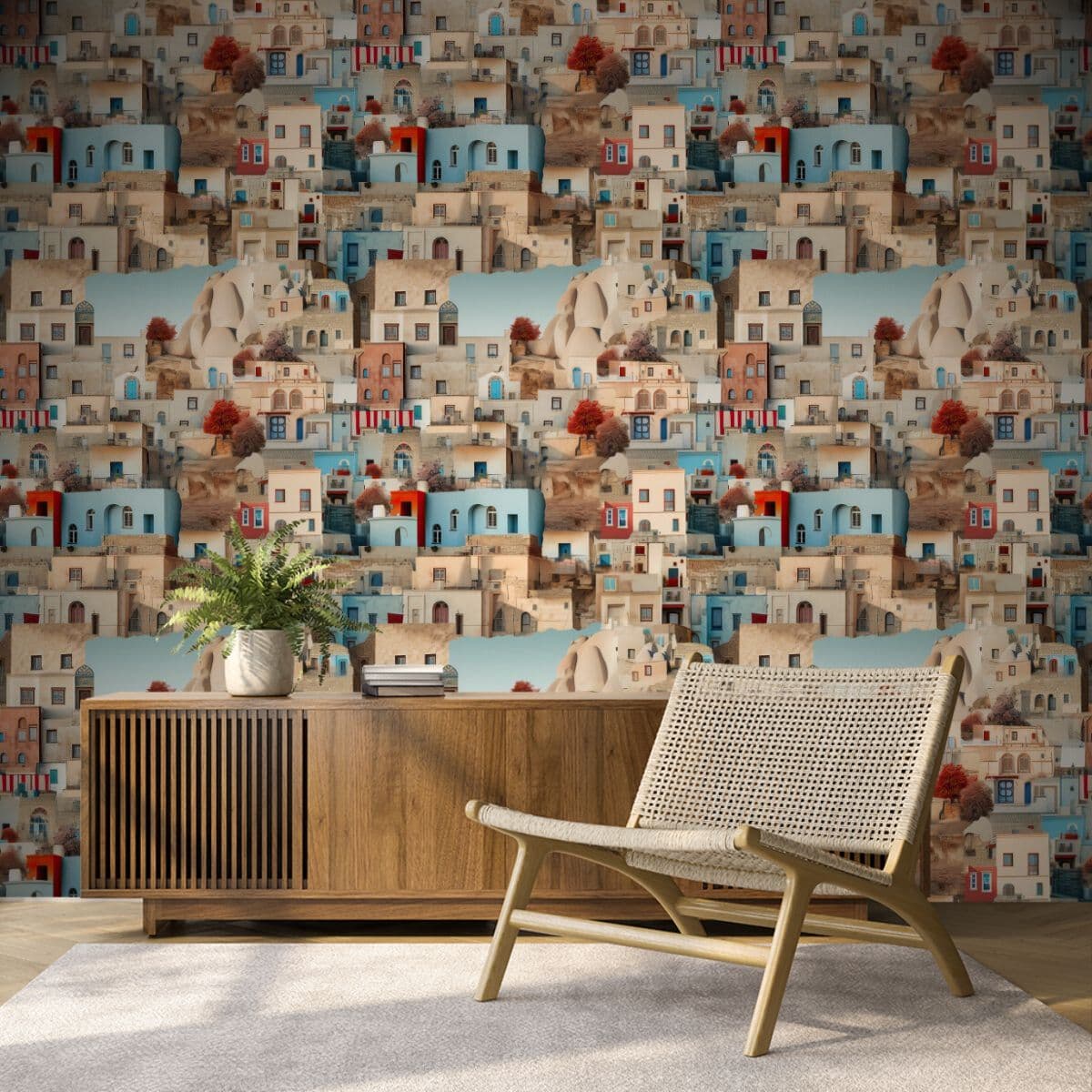 Azure Oasis Mediterranean Wallpaper for Wall shown in a room