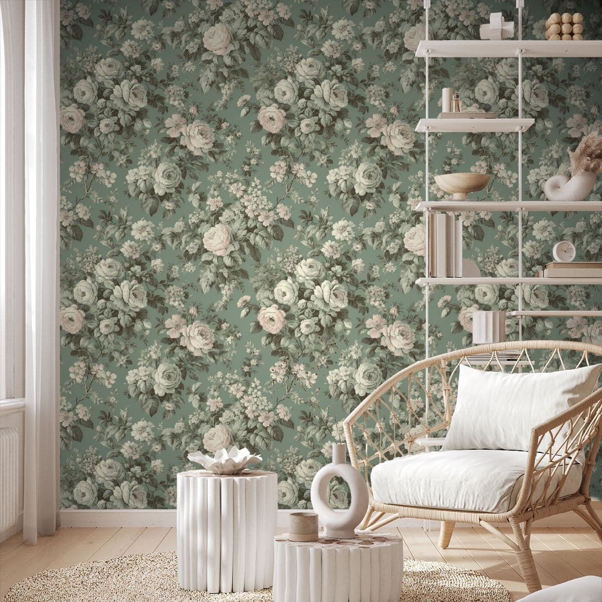 Soothing Pastel Roses Floral Wallpaper Mural shown in a room