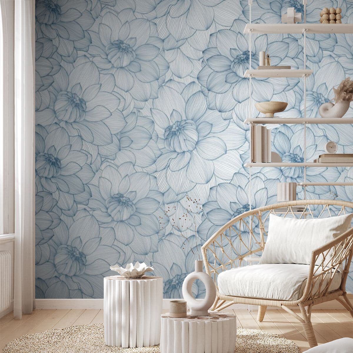 Urban Oasis Blue Floral Living Room Wallpaper shown in a room