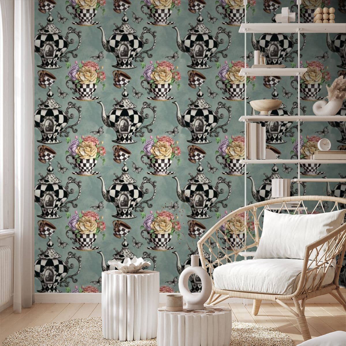 Classic Chessboard Living Room Elegance Wallpaper shown in a room