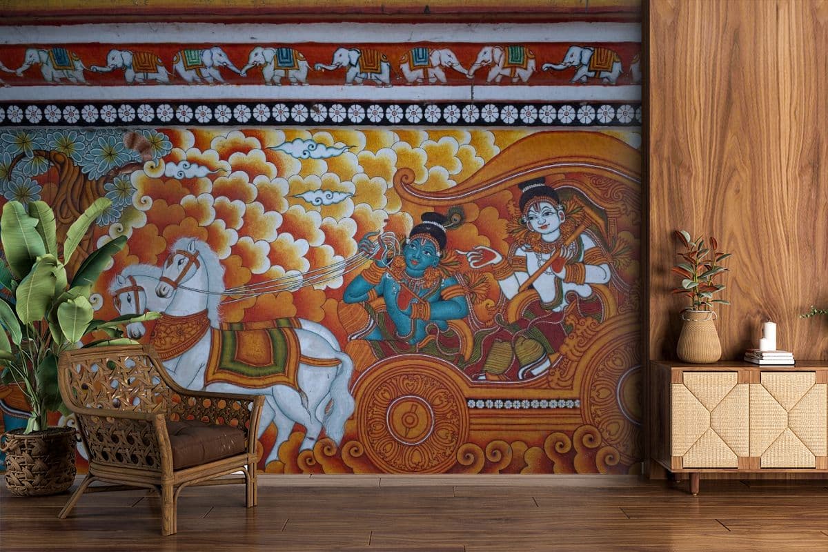 Mystical Krishna Kerala Mural Wallpaper for Wall shown in a room