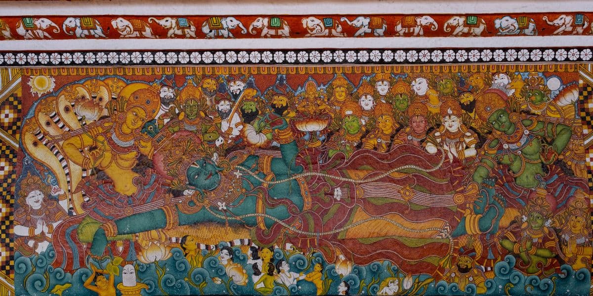Classic Kerala Mural Kshira Sagara of Bhagwan Vishnu Wallpaper pattern detail