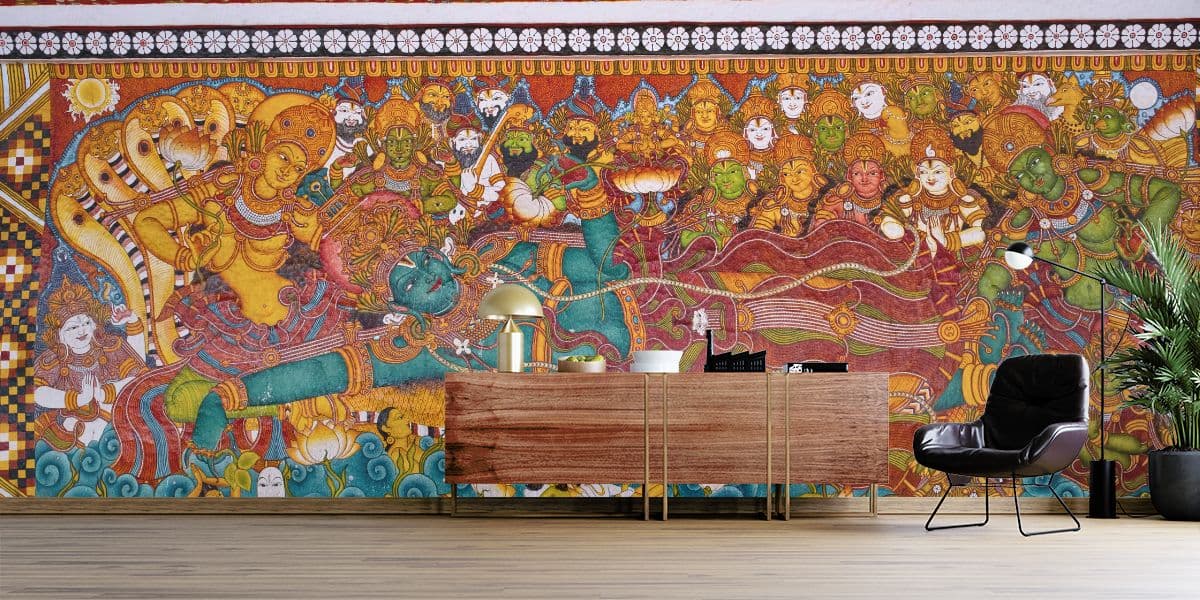 Classic Kerala Mural Kshira Sagara of Bhagwan Vishnu Wallpaper shown in a room