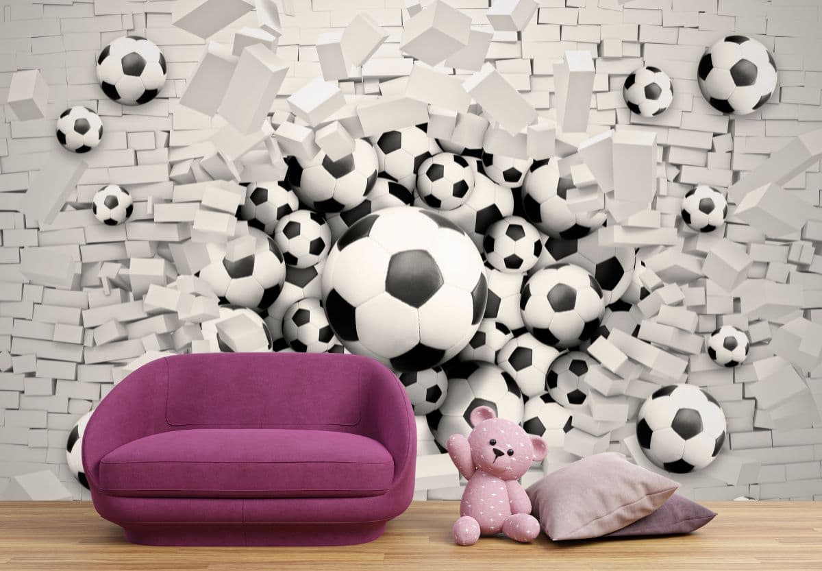 3D Football Pattern Wallpaper for Kids shown in a room