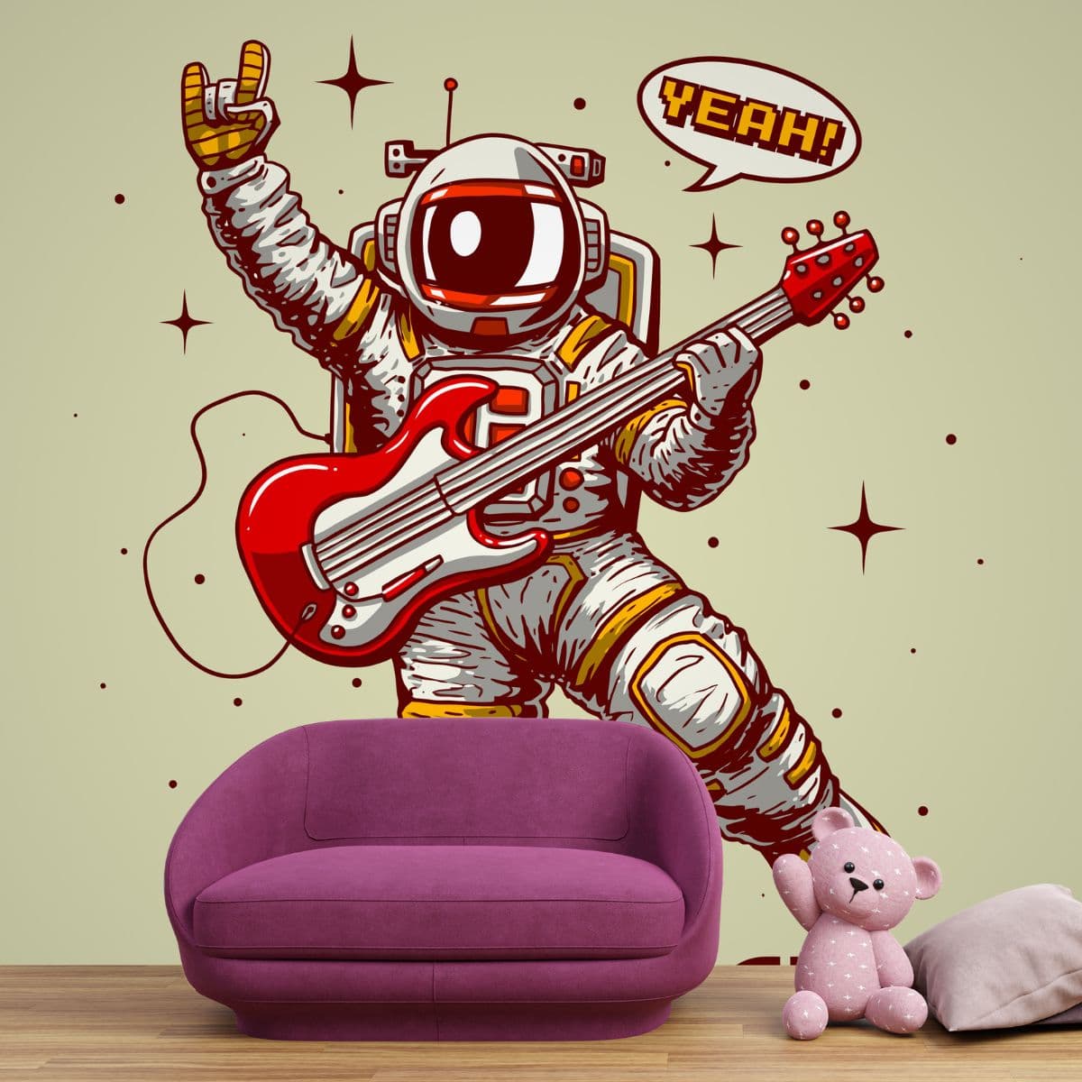 Astronaut Playing Guitar Wallpaper for Kids shown in a room