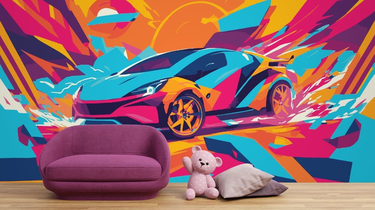 Colorful Super Car Wallpaper for Boys shown in a room
