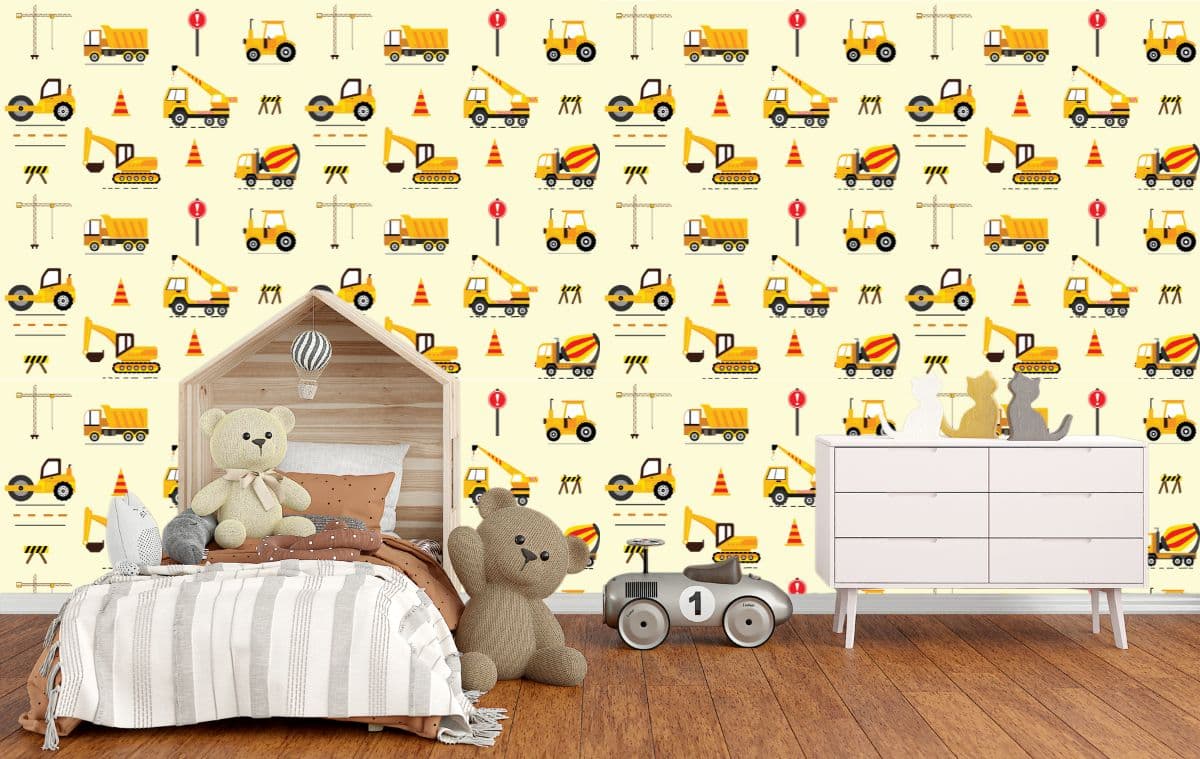 Construction Vehicles Pattern Wallpaper for Boys shown in a room