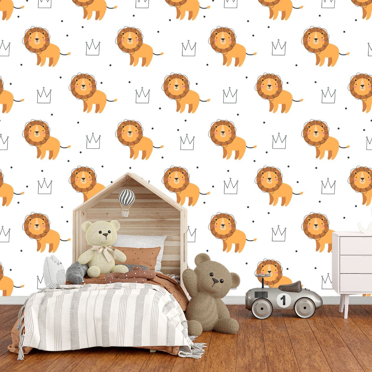 Cute Lion Pattern Wallpaper for Kids shown in a room