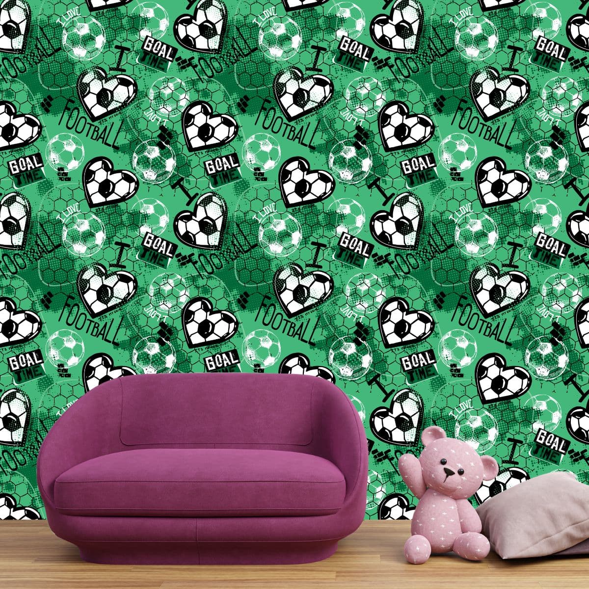 Football Pattern Wallpaper for Boys shown in a room