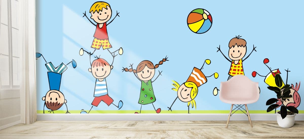 Happy Kids Playing Outdoor Wallpaper for Wall shown in a room