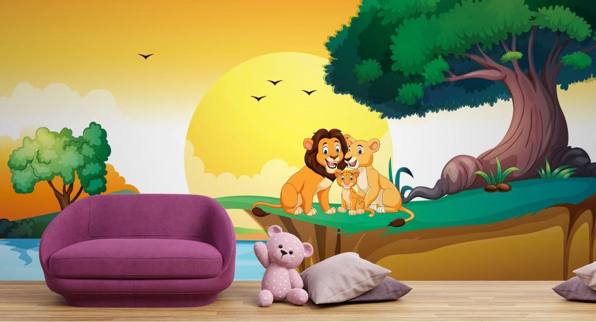 Lion Family Wallpaper for Kids Room shown in a room