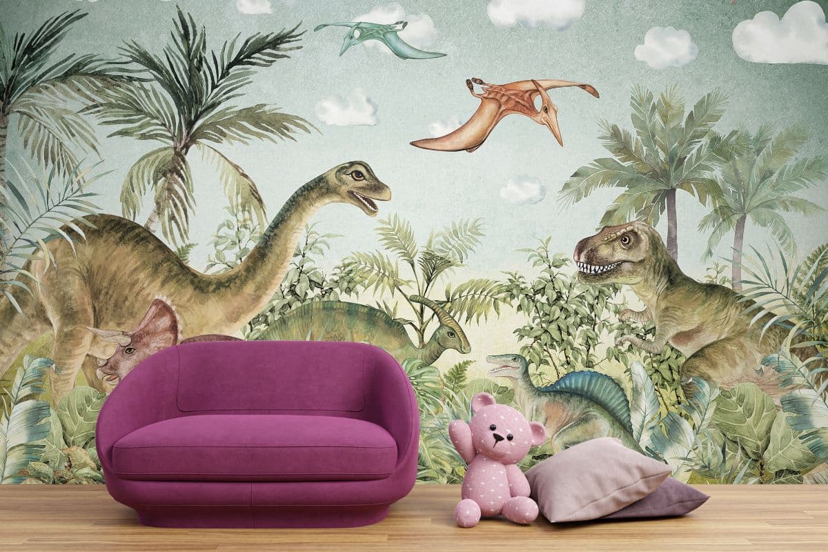 Majestic Dinosaurs Wallpaper for Boys shown in a room