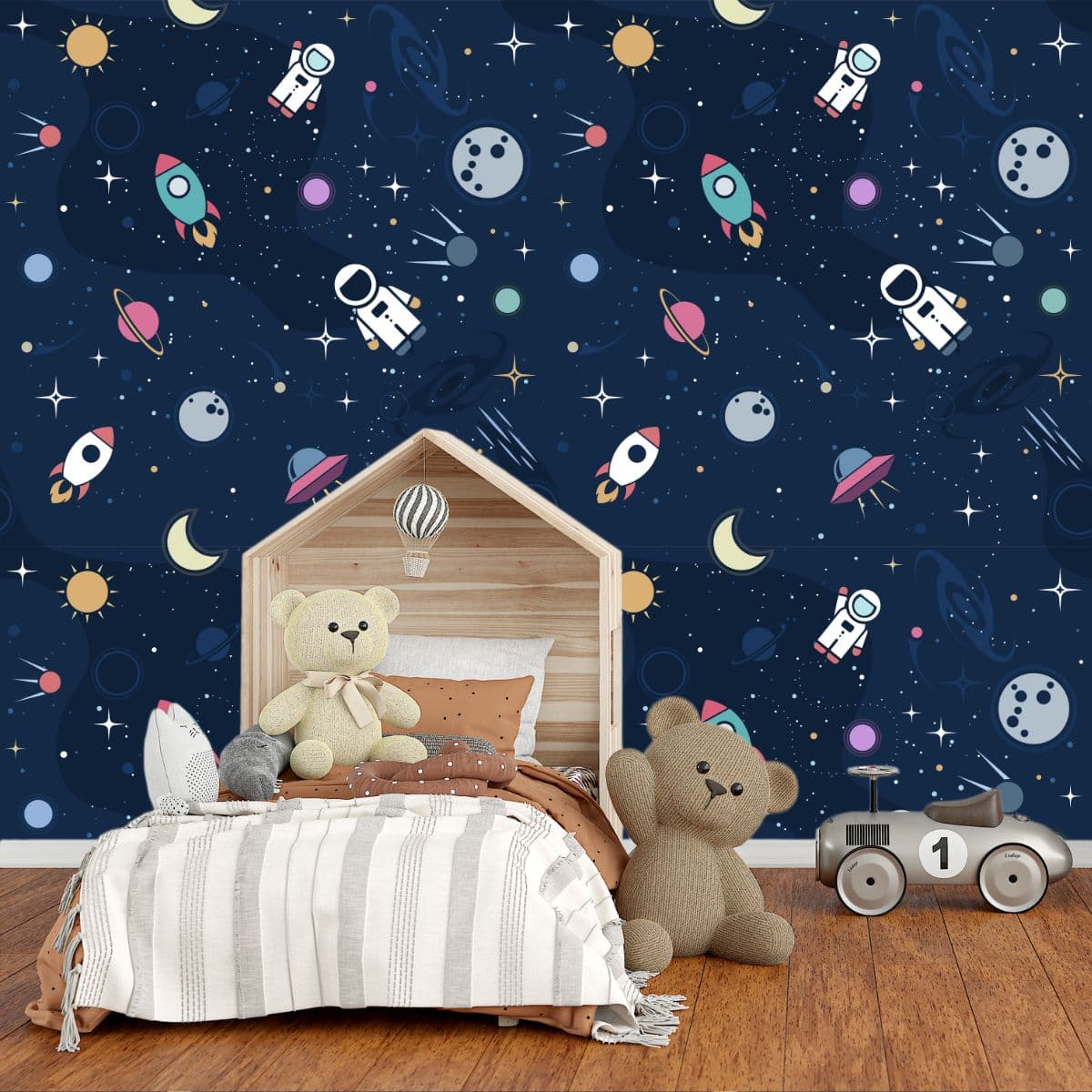 Space Pattern Inspiring Wallpaper for Kids shown in a room
