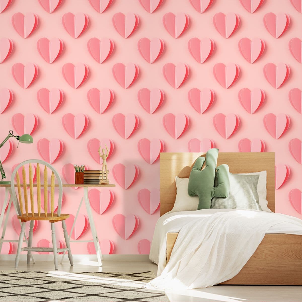 3D Pink Hearts Romantic Wallpaper for Bedroom shown in a room