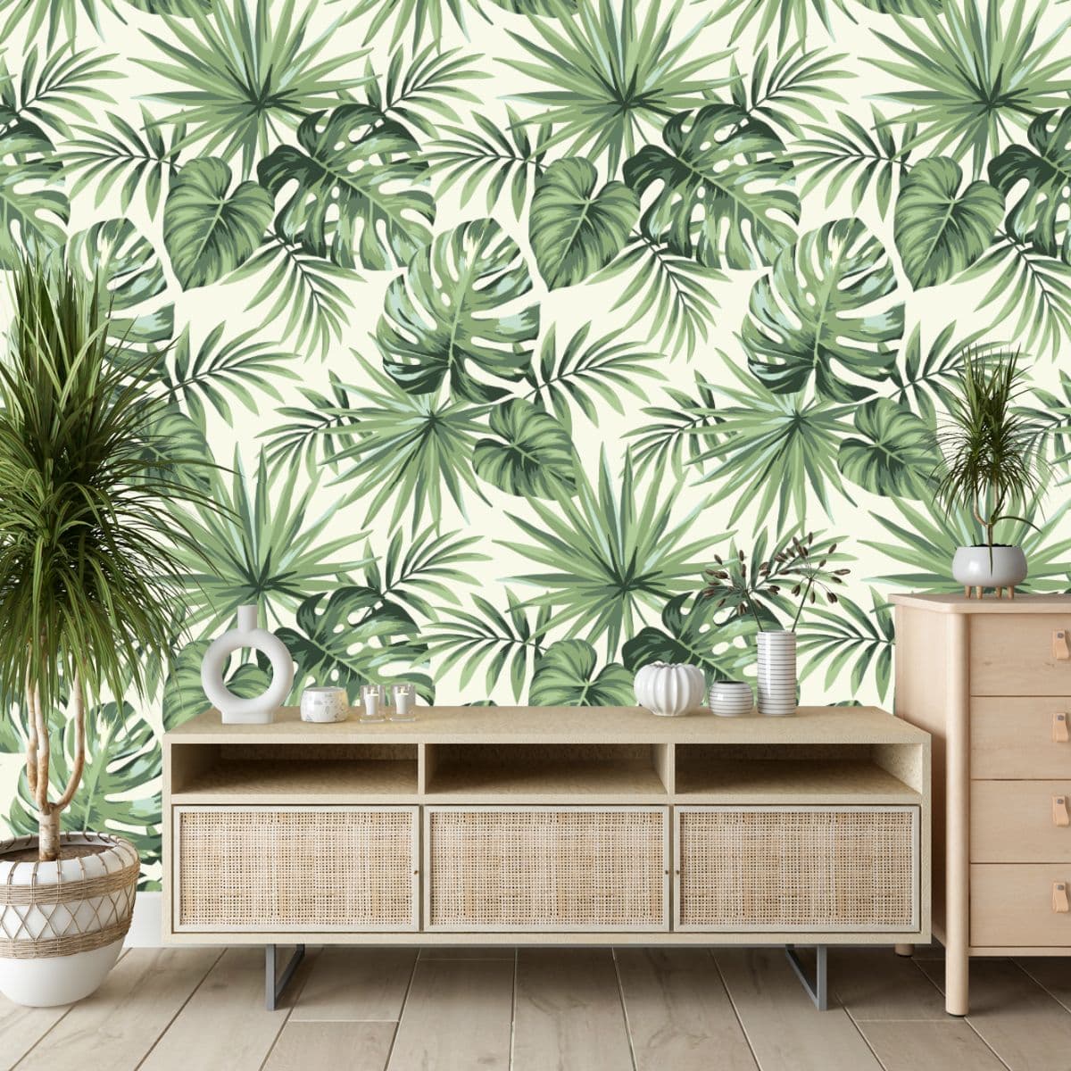 Exotic Palm Leaves Pattern Wallpaper for Wall shown in a room