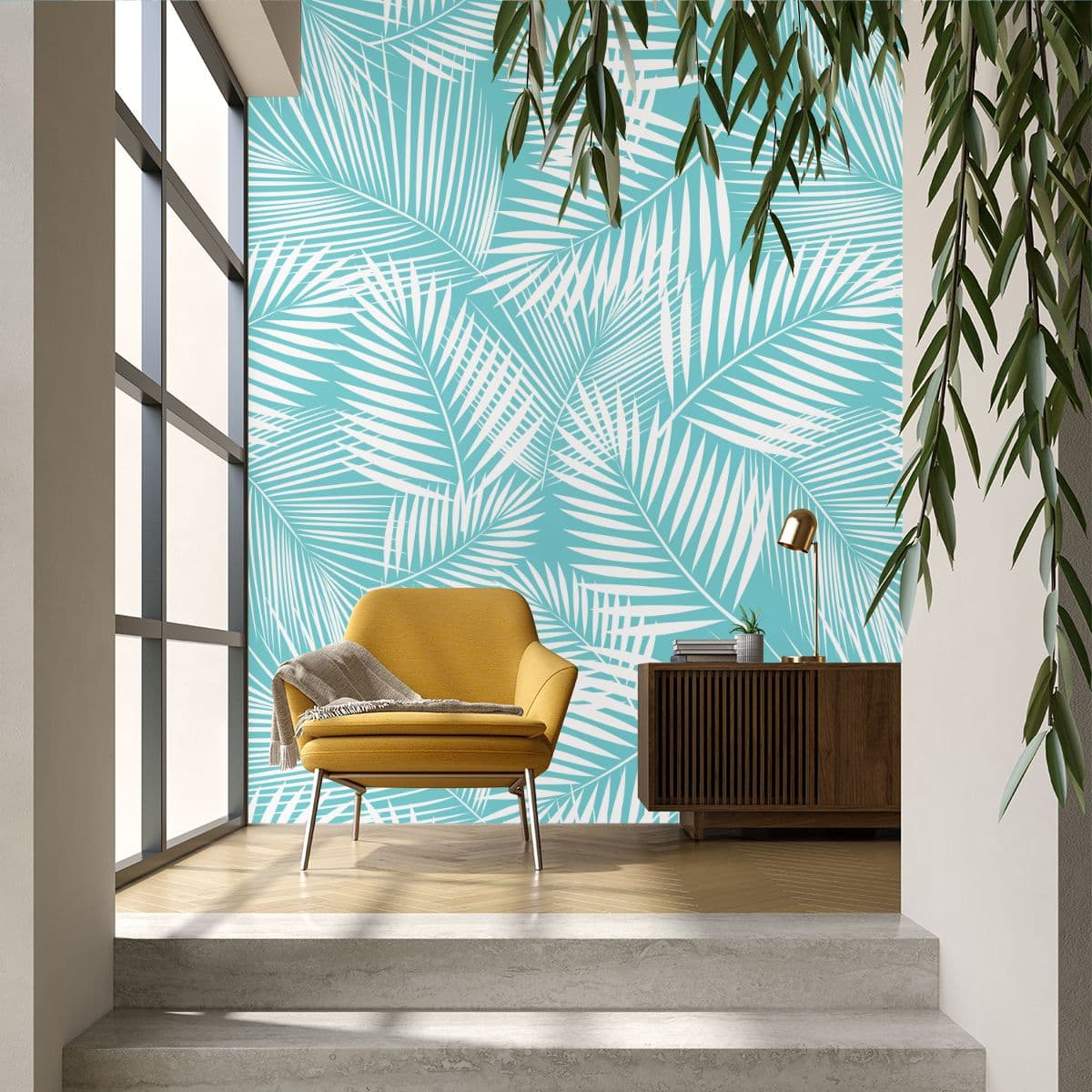 Leaves of Palm Tree Tropical Wallpaper shown in a room