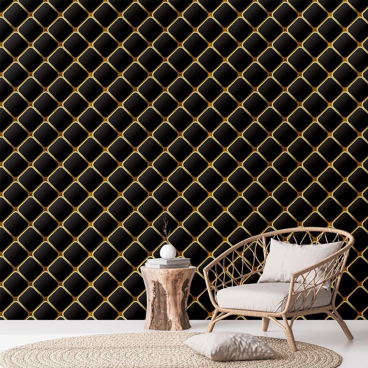3D Elegant Geometric Black and Gold Pattern Wallpaper roll pattern detail