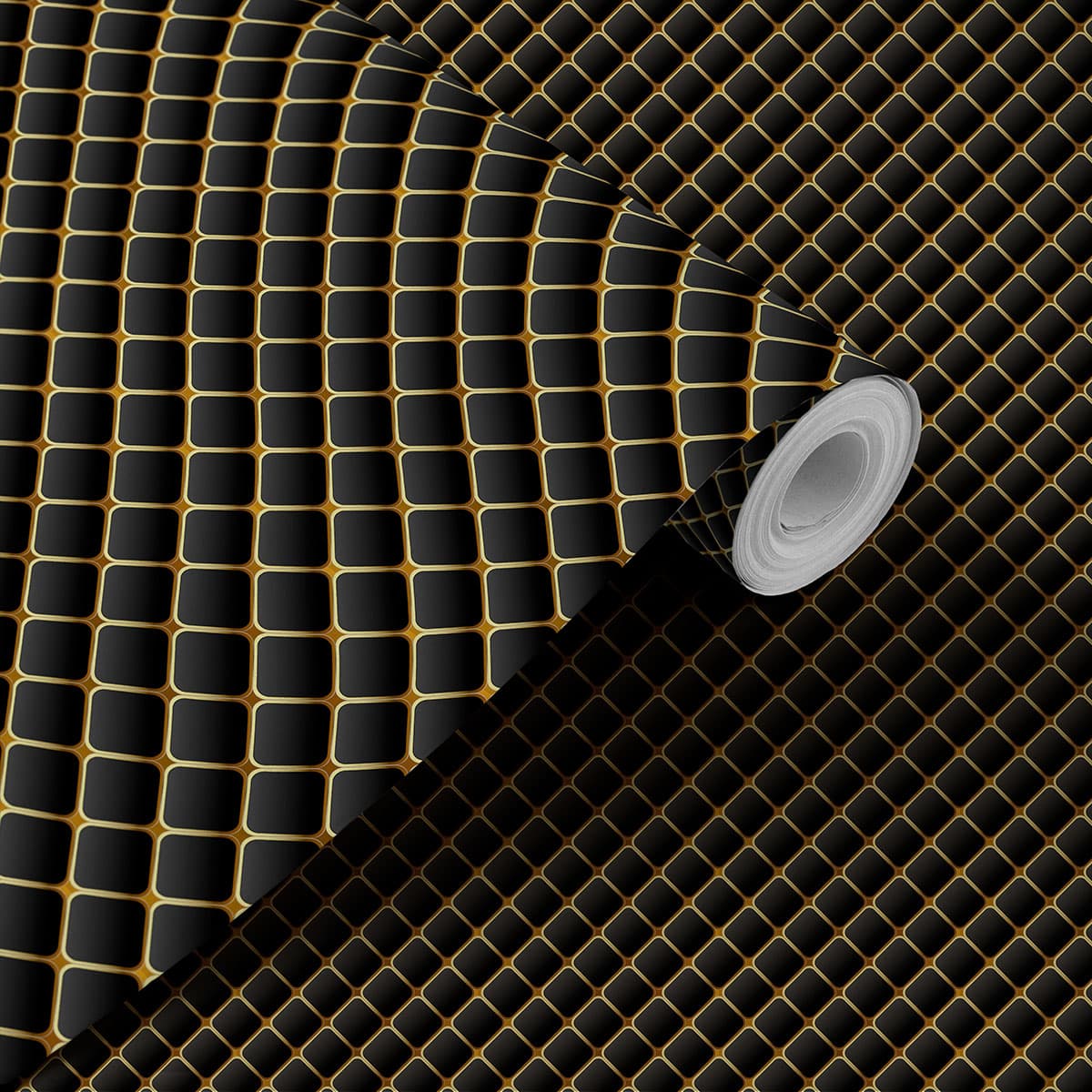 3D Elegant Geometric Black and Gold Pattern Wallpaper roll shown in a room