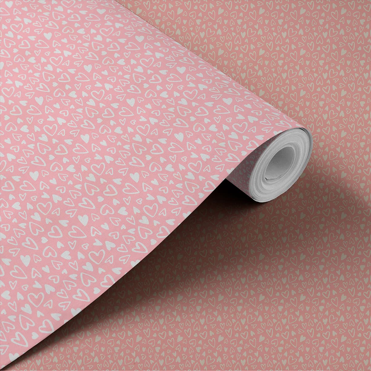 Cute Doodle Style Hearts Pattern Wallpaper Roll shown in a room