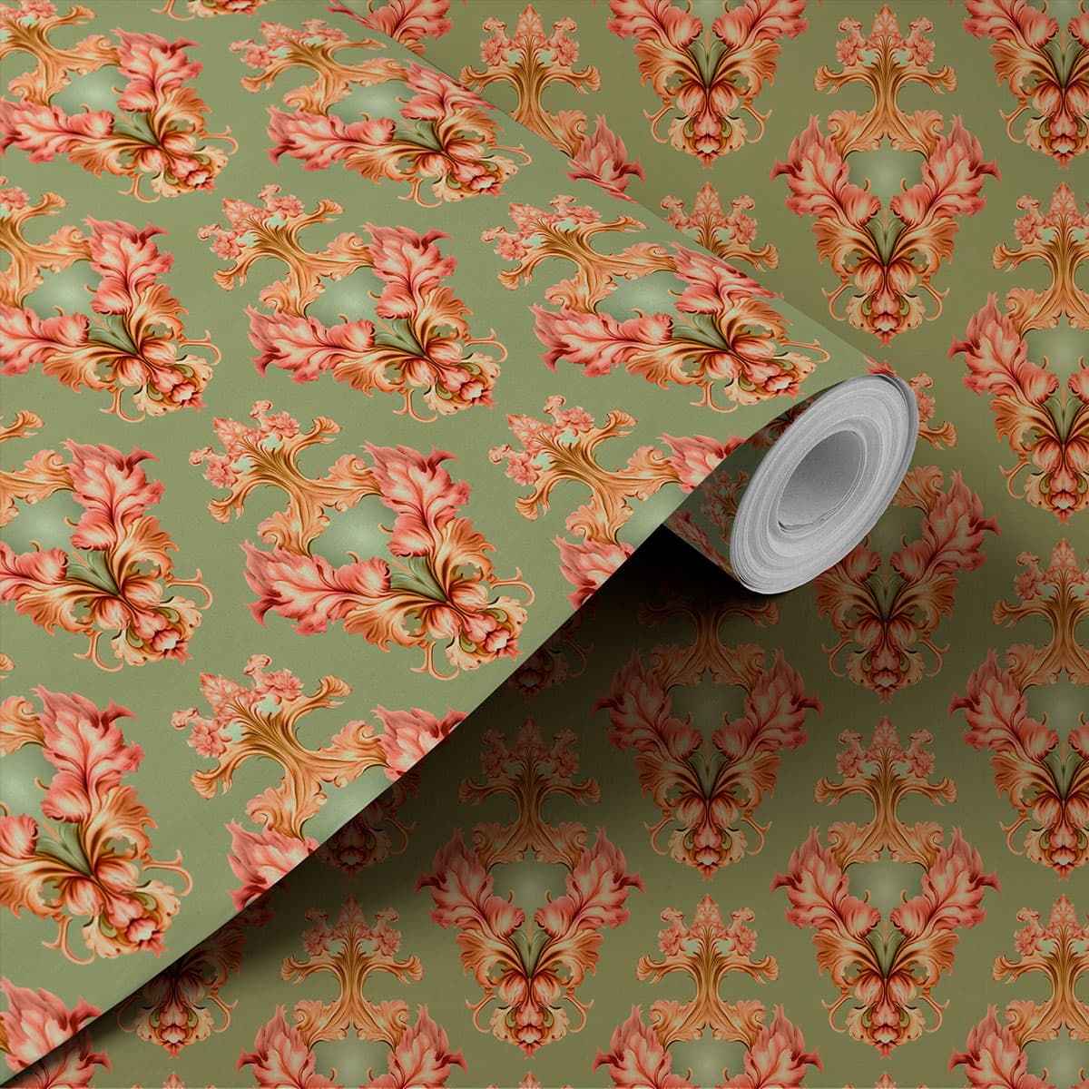 Elegant Damask Style Pattern Wallpaper Roll shown in a room