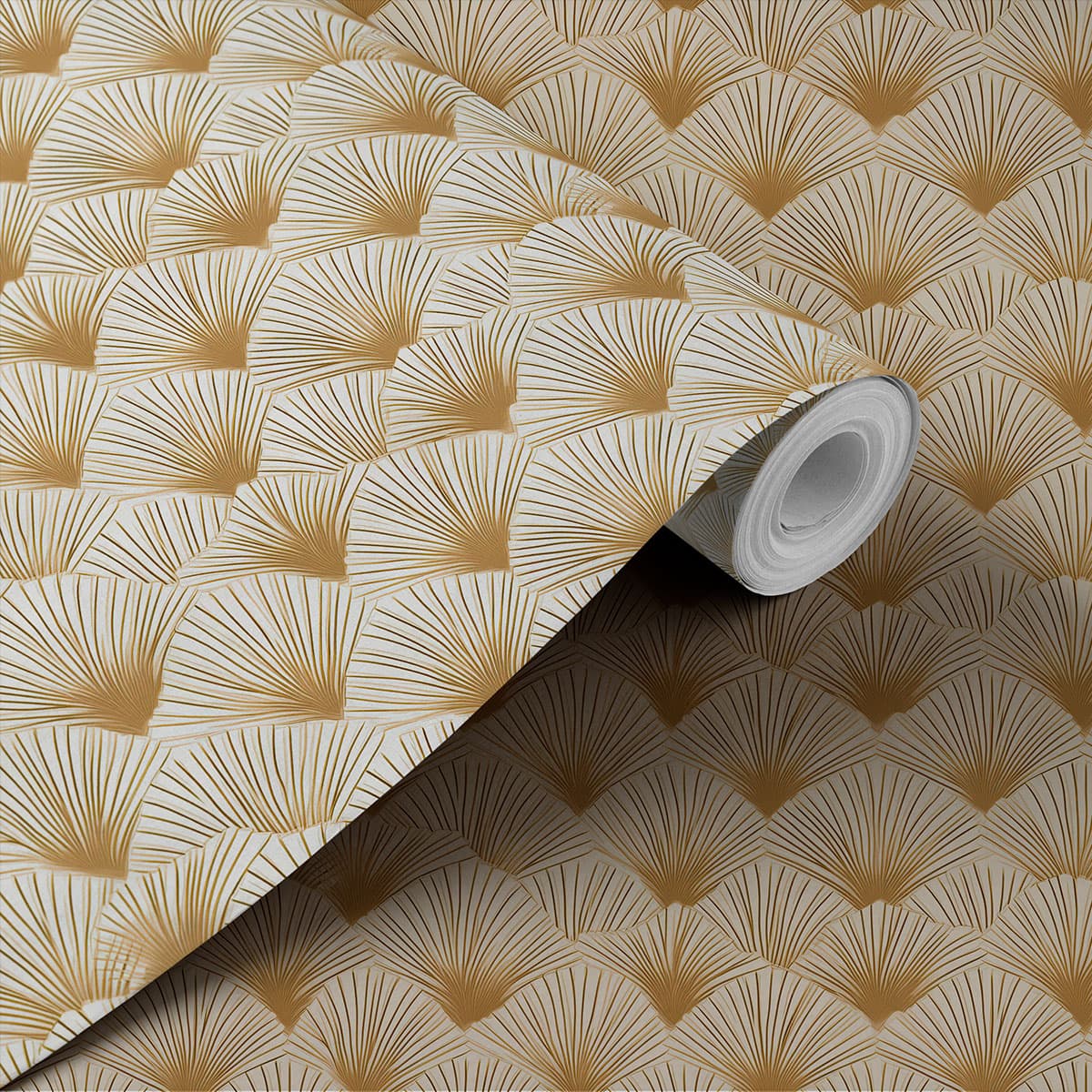 Modern Golden Art Deco Style Wallpaper Roll shown in a room