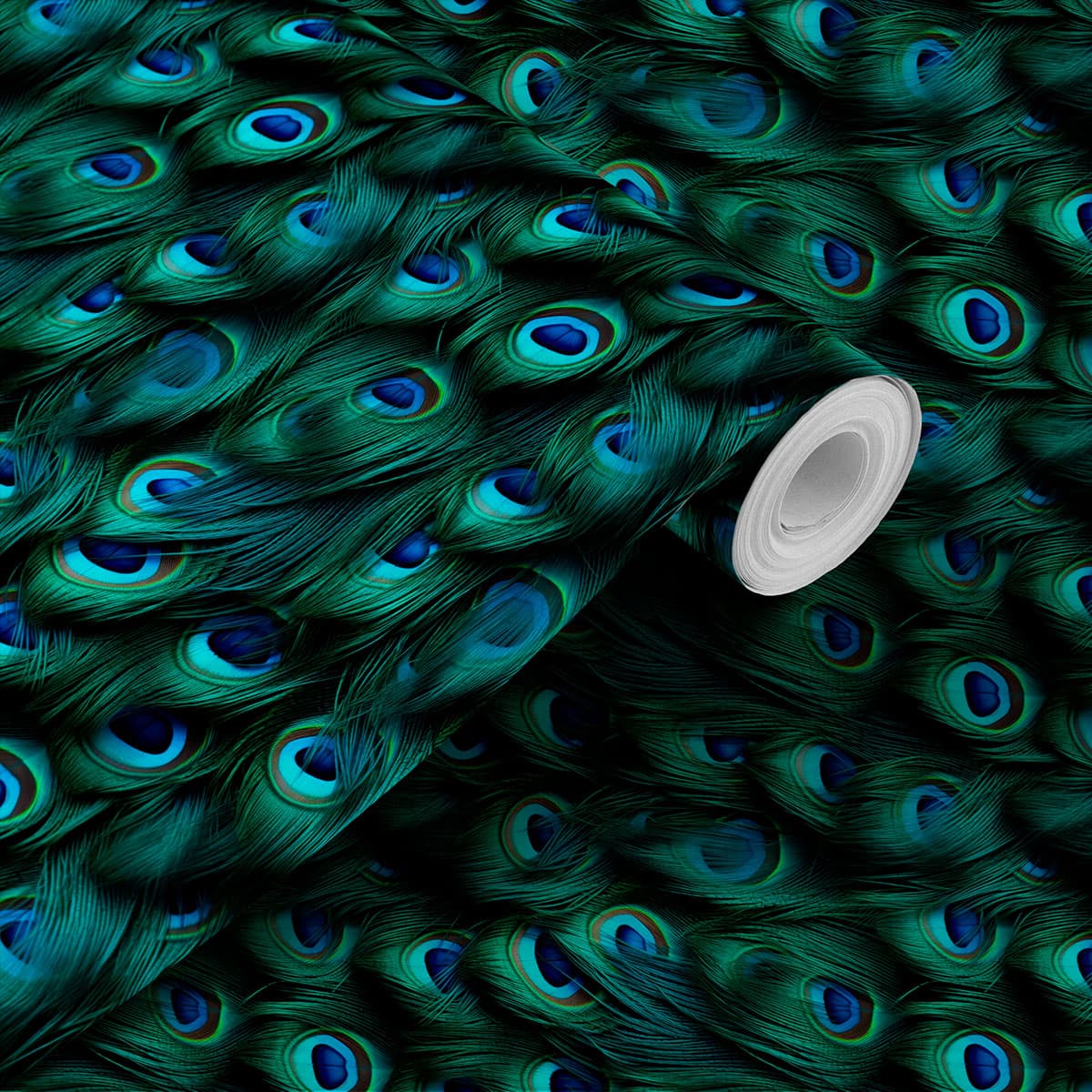 Spectral Peacock Feather Elegance Wallcovering shown in a room
